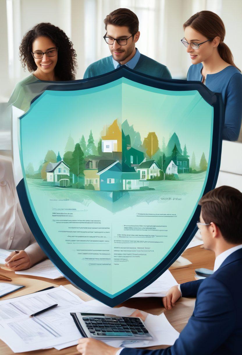 A split-screen image showcasing a diverse group of individuals analyzing different insurance policy documents on one side, and a visual metaphor of a shield protecting a family and their assets on the other side. Incorporate symbols like a calculator, magnifying glass, and insurance icons like home, health, and auto in the background. Use a calming color palette with blues and greens to evoke trust and clarity. super-realistic. vibrant colors.