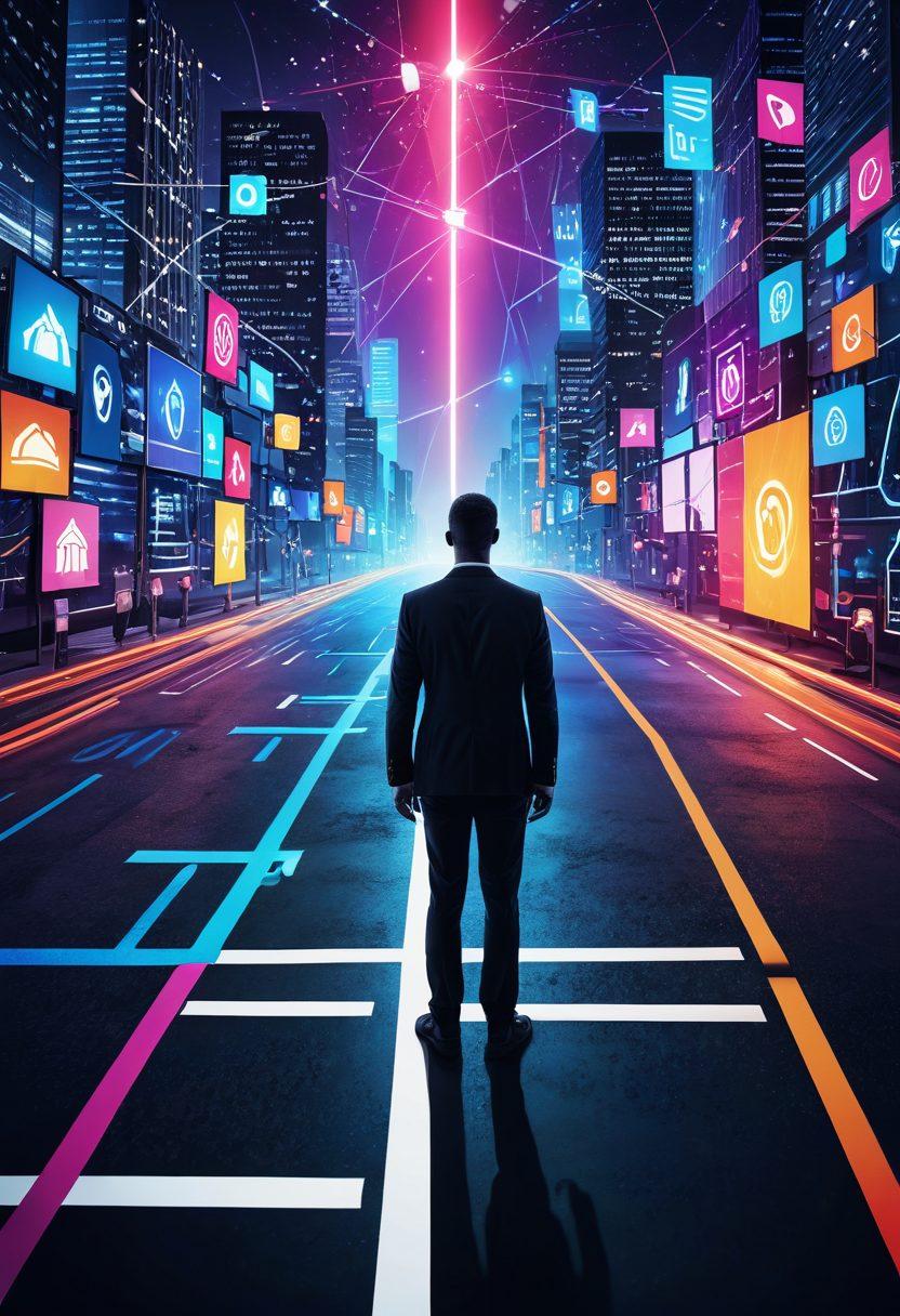 A confident individual standing at a crossroads in a digital landscape filled with insurance policy icons, with contrasting paths illustrating claims and comparisons. The scene is vibrant and engaging, with elements of technology interwoven, like graphs and charts, guiding them forward. Visual metaphors of security, choices, and trust hover around them, creating a sense of empowerment. super-realistic. vibrant colors. 3D.